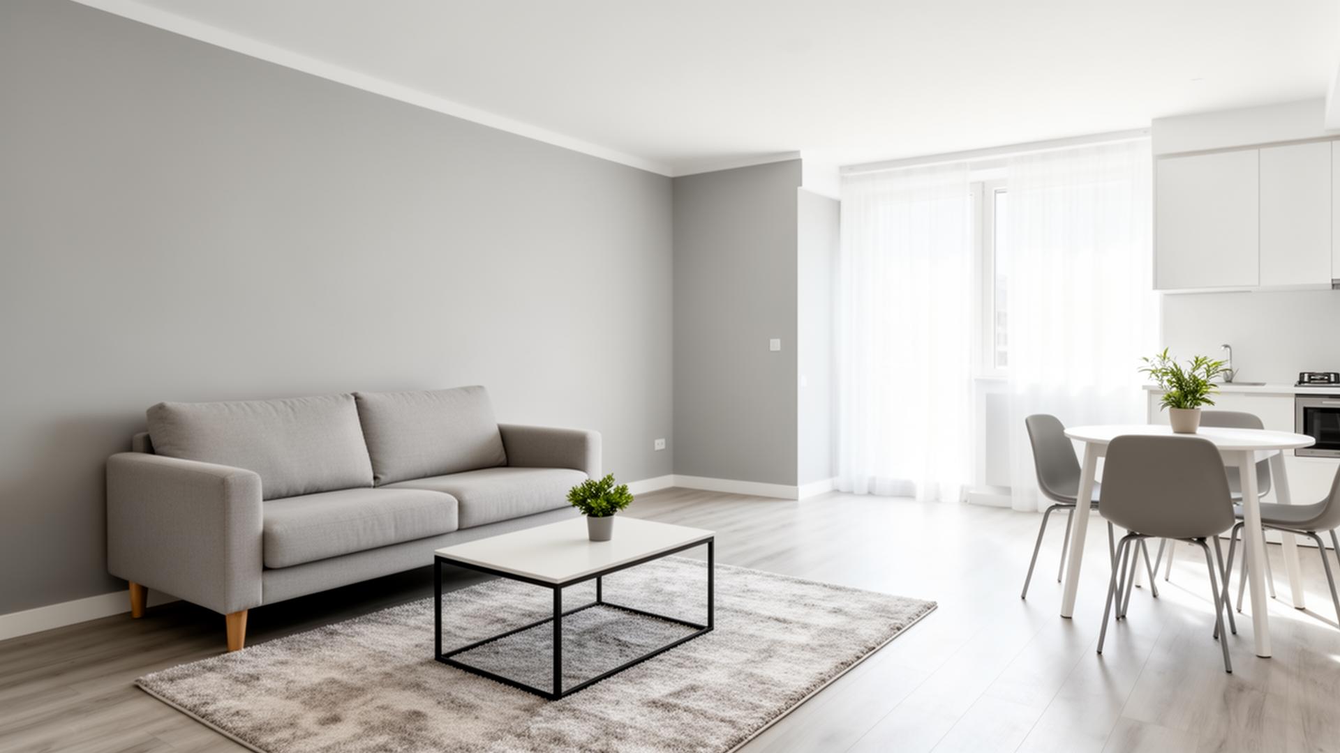 Professionally staged, fully furnished rental apartment with sofa, rug, and dining set